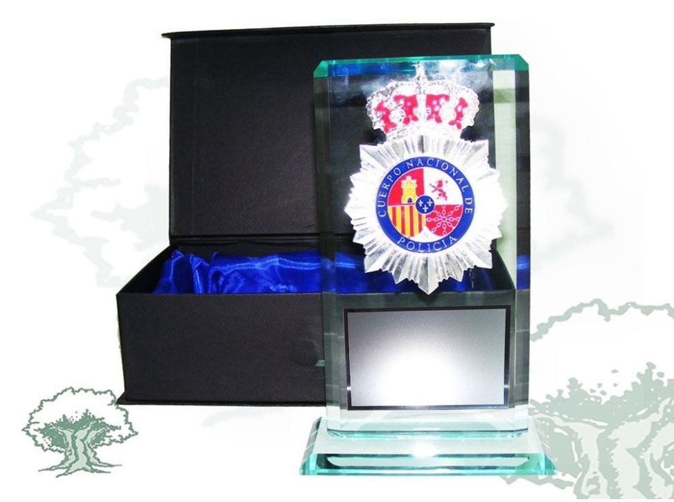 Placa dedicatoria de cristal biselado Policía Nacional