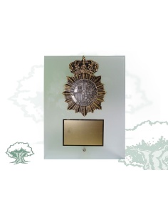 Placa dedicatoria de cristal traslúcido Policía Nacional resina