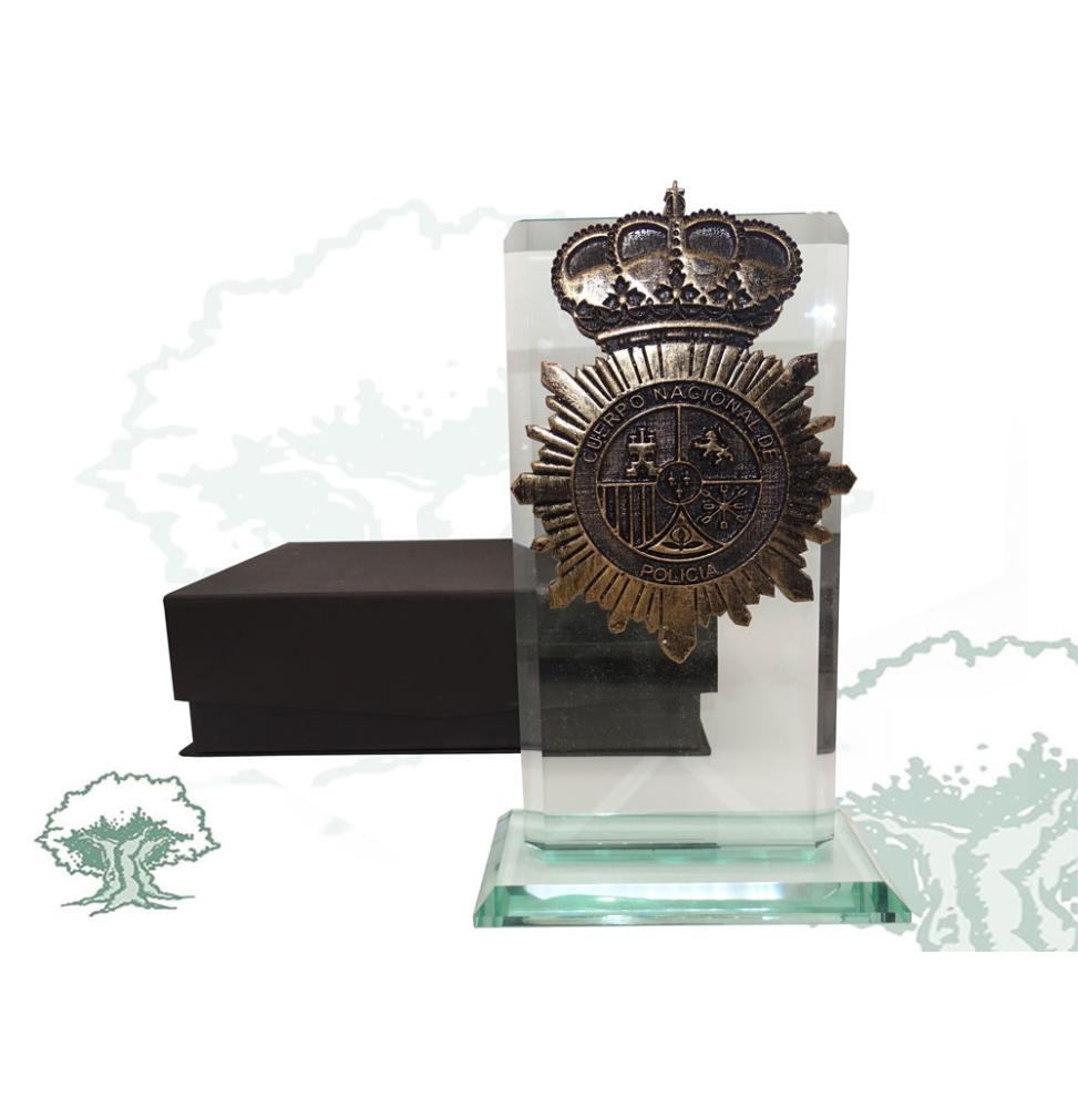 Placa dedicatoria de cristal biselado con resina Policía Nacional